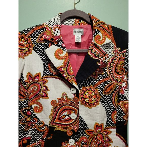 Chicos Pink Orange Black Paisley 3 Button Blazer Size 0 Or 4 - Picture 2 of 6